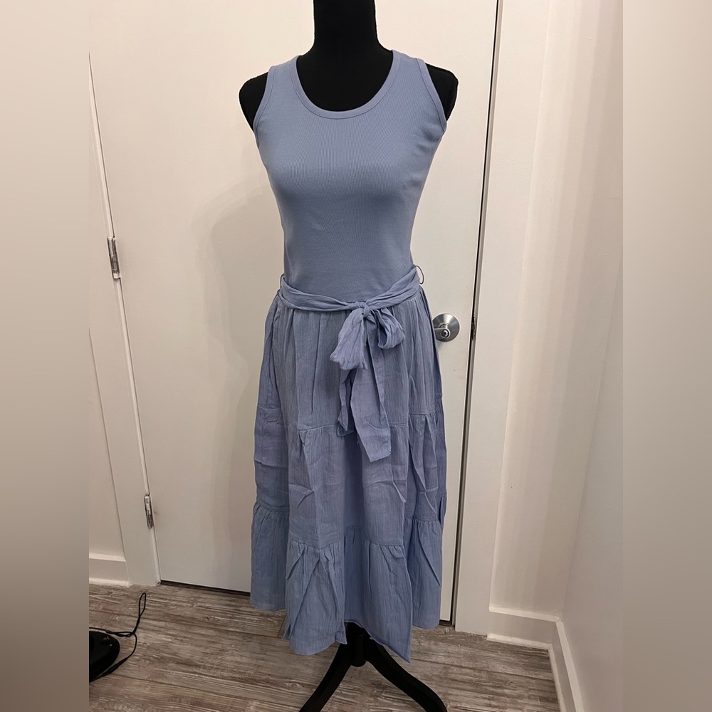 NWT-Collection XIIX Light Blue Sleeveless Tiered Midi Dress with Waist Tie
